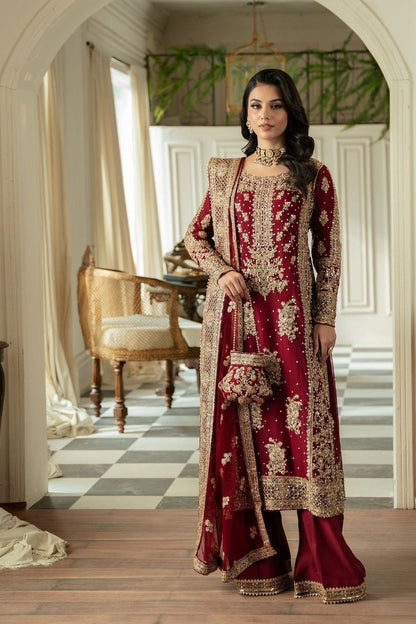 Maroon Embroidered Chiffon Wedding Guest Suit Online in Dubai UAE Abudhabi Ajman Sharjah