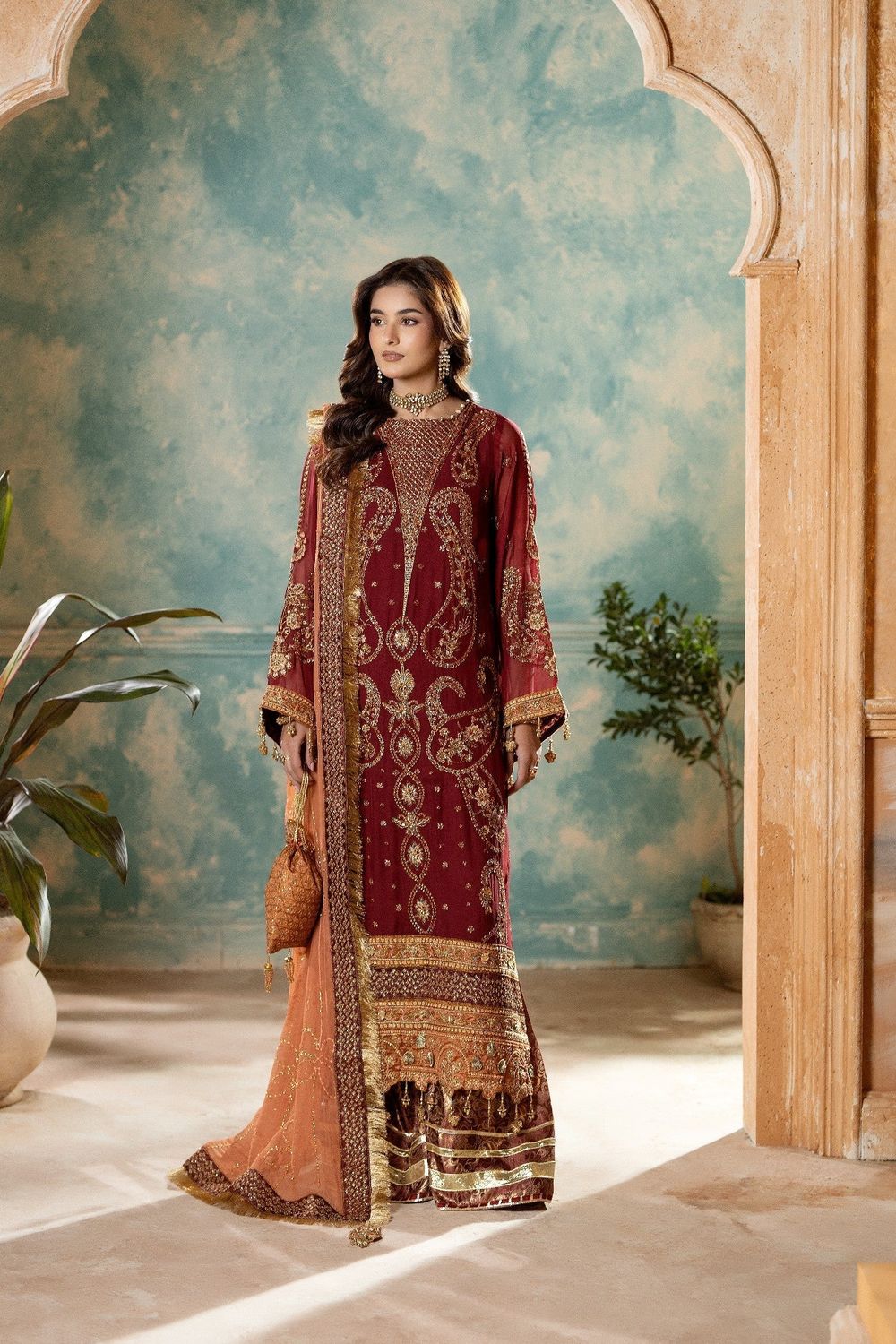 Maroon Embroidered Chiffon Wedding Suit Online in Dubai UAE Abudhabi Ajman Sharjah