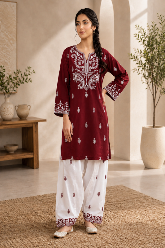 Maroon Embroidered Cotton Farshi Shalwar Suit Online in Dubai UAE Abudhabi Ajman Sharjah