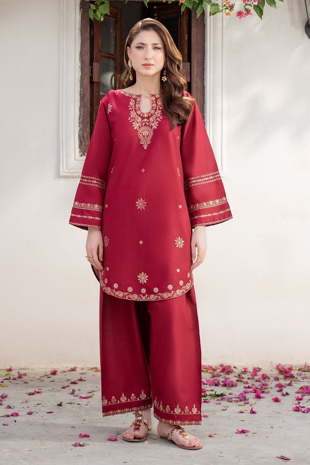 Maroon Embroidered Cotton Kurta Shalwar Set Online in Dubai UAE Abudhabi Ajman Sharjah