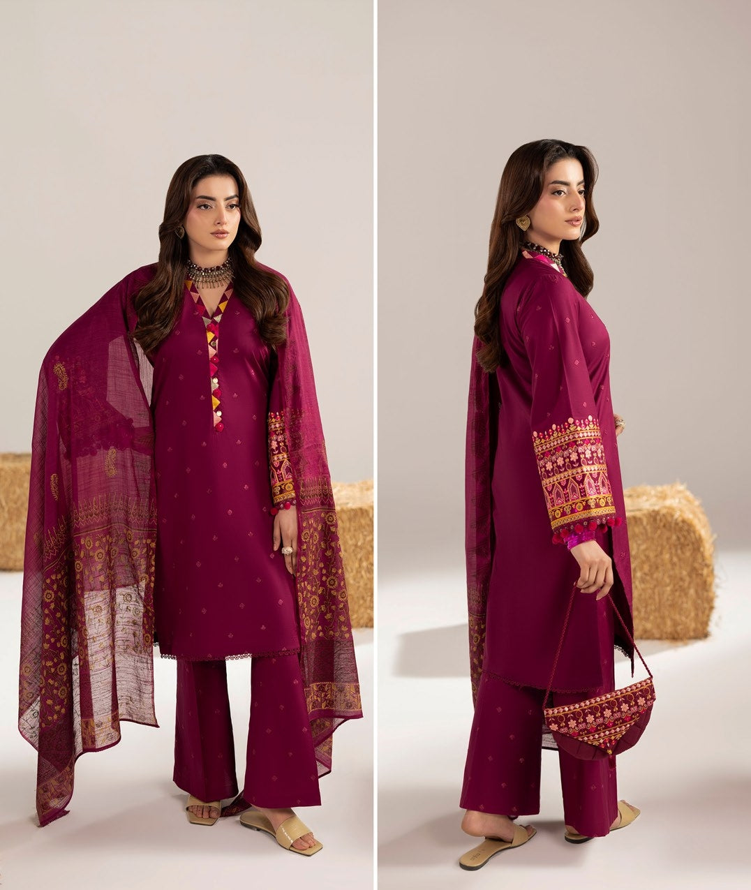 Maroon Embroidered Cotton Readymade Suit Online in Dubai UAE Abudhabi Ajman Sharjah