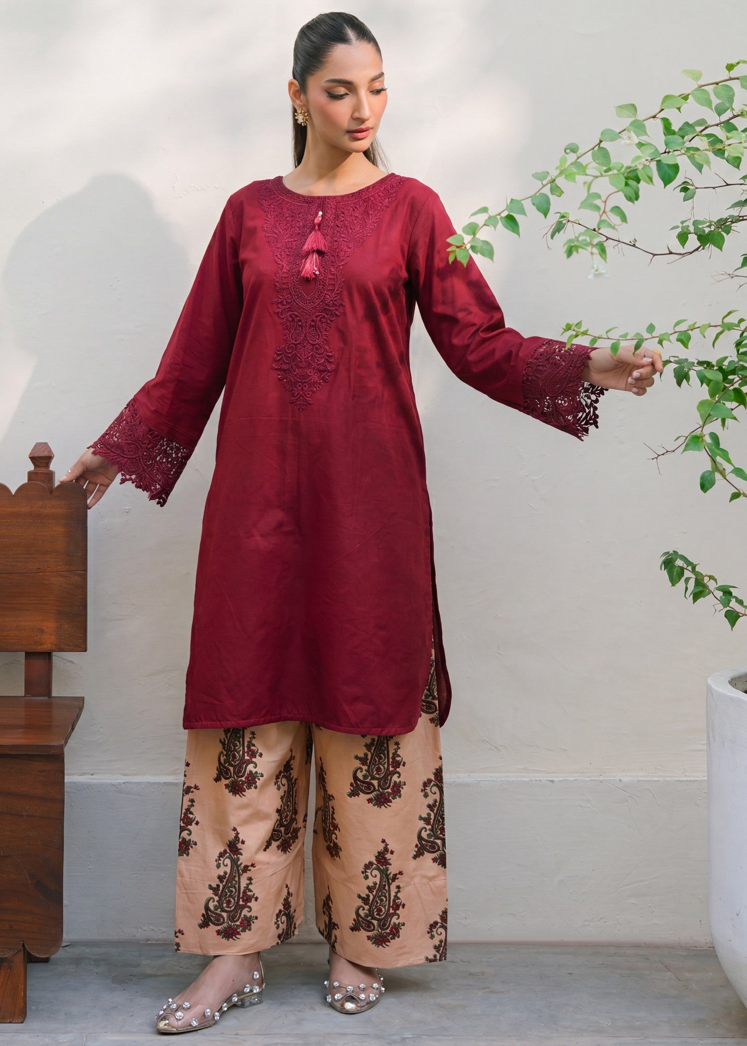 Maroon Embroidered Daily Wear Lawn Suit Online in Dubai UAE Abudhabi Ajman Sharjah