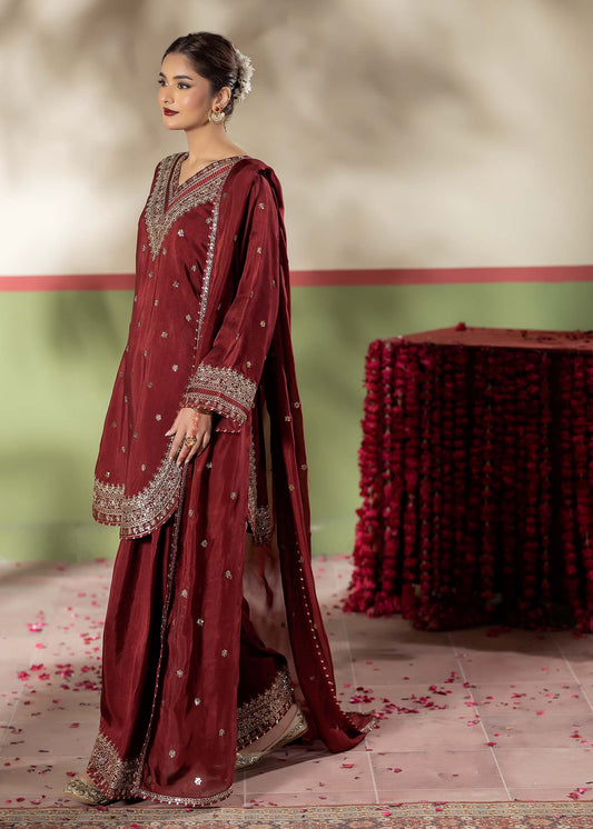Maroon Embroidered Farshi Shalwar Kameez Online in Dubai UAE Abudhabi Ajman Sharjah