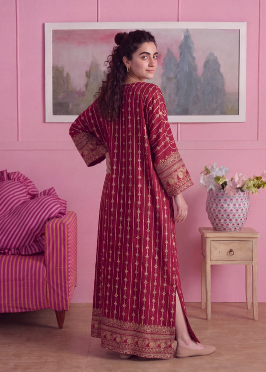 Maroon Embroidered Flared Kaftan for Women Online in UK USA Canada