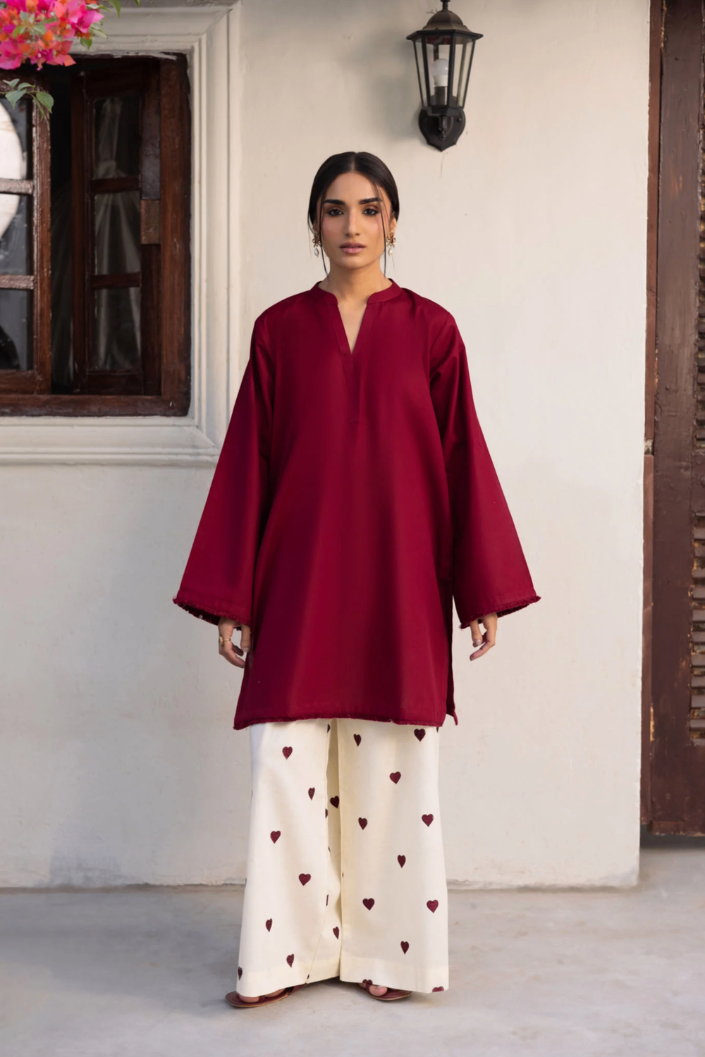 Maroon Embroidered Khaddar Kurta Set Online in Dubai UAE Abudhabi Ajman Sharjah