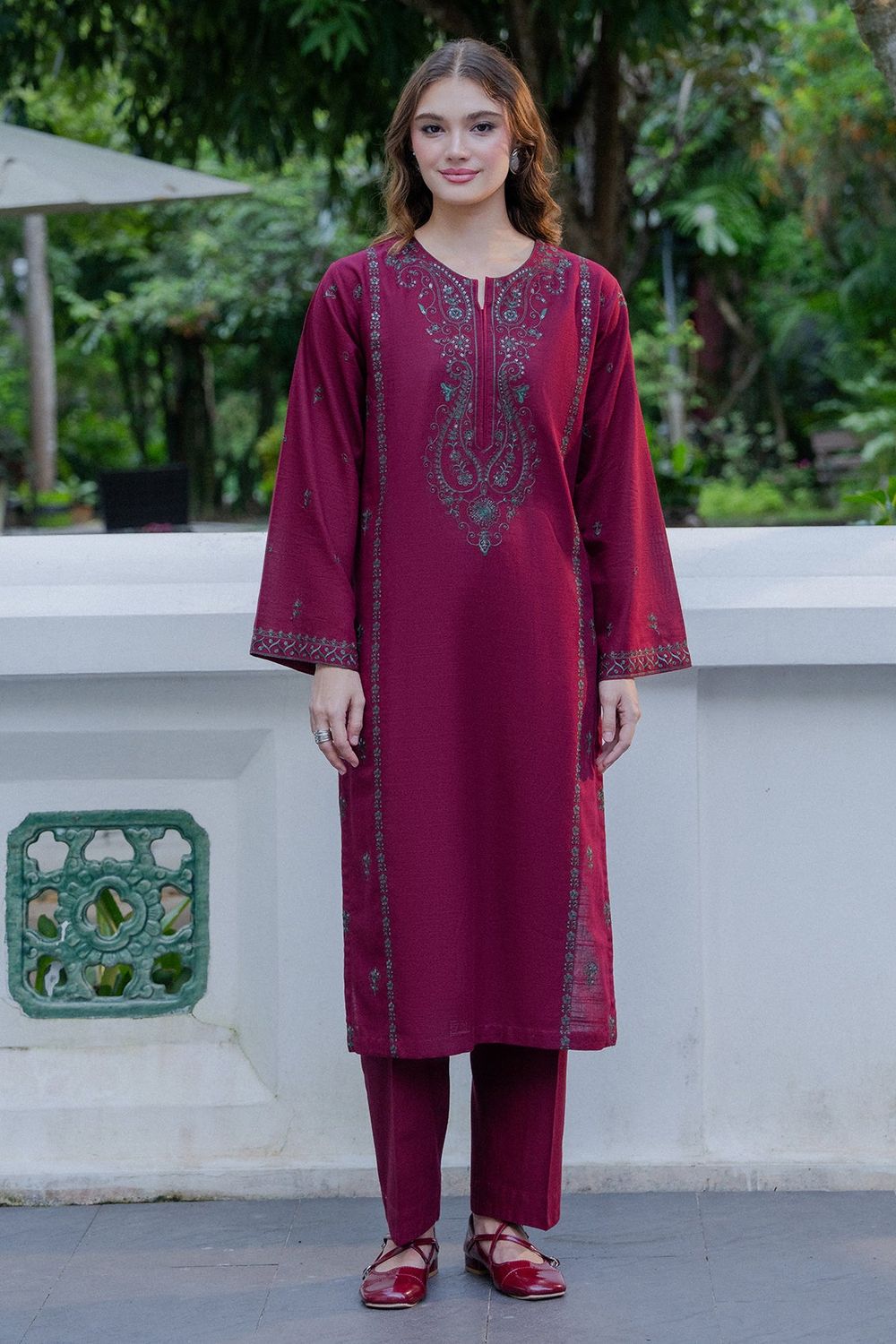 Maroon Embroidered Khaddar Kurta Set Online in Dubai UAE Abudhabi Ajman Sharjah