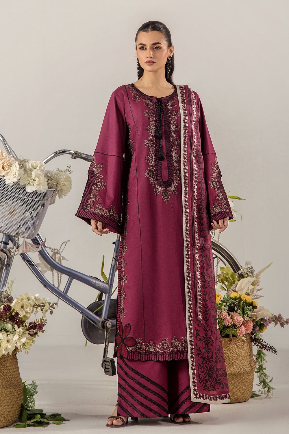 Maroon Embroidered Lawn A-Line Kurta Set Online in Dubai UAE Abudhabi Ajman Sharjah