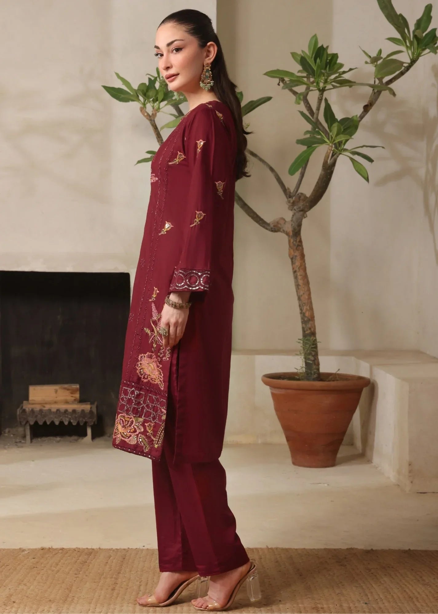 Maroon Embroidered Lawn Cotton Festive Wear Online in Dubai UAE Abudhabi Ajman Sharjah