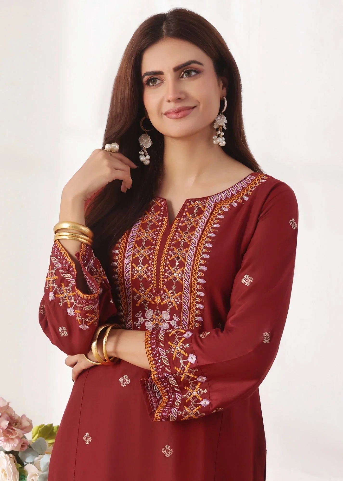 Maroon Embroidered Lawn Cotton Festive Wear Suit Online in UK USA Canada
