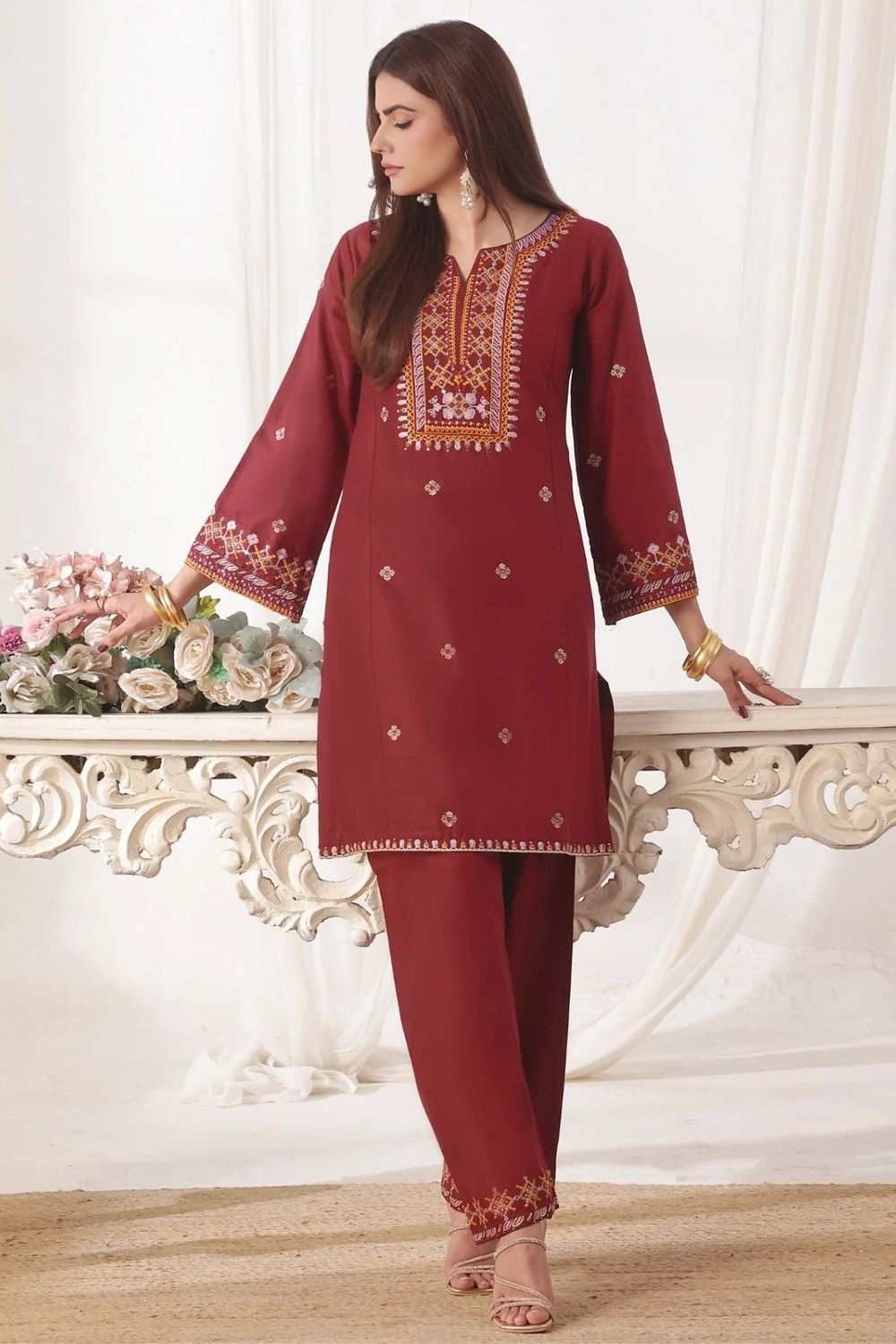 Maroon Embroidered Lawn Cotton Kurta Set Online in Dubai UAE Abudhabi Ajman Sharjah