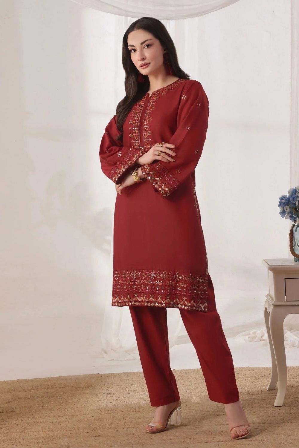 Maroon Embroidered Lawn Cotton Kurta Set Online in Dubai UAE Abudhabi Ajman Sharjah