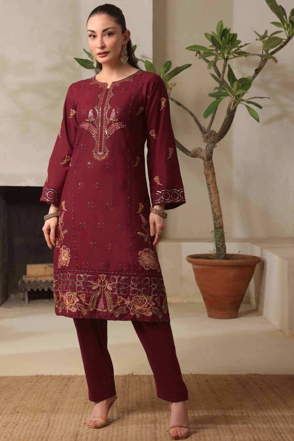 Maroon Embroidered Lawn Cotton Salwar Kameez Online in Dubai UAE Abudhabi Ajman Sharjah