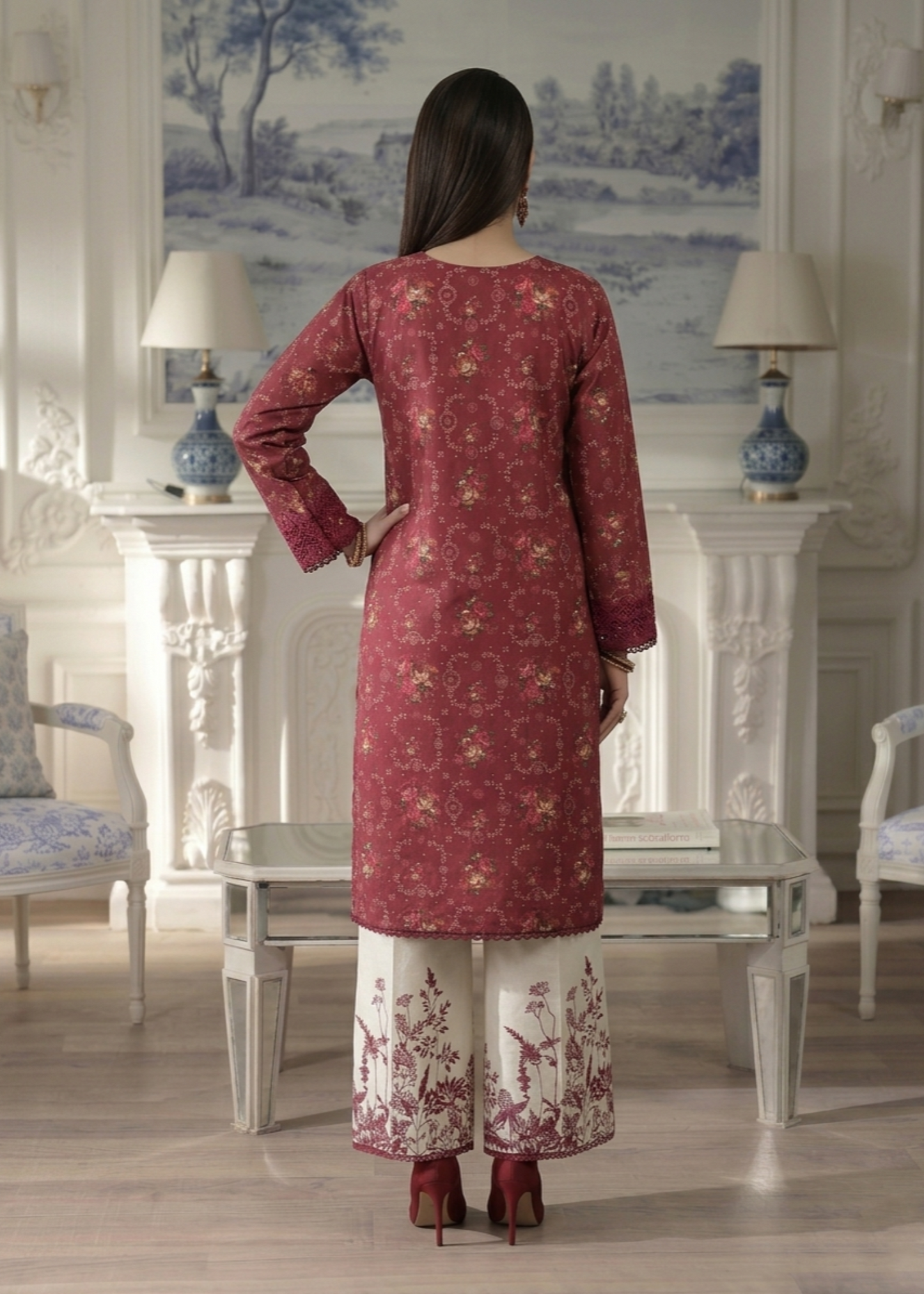 Maroon Embroidered Lawn Dress Material Online in KSA Riyadh Saudi Arabia Oman Bahrain Qatar