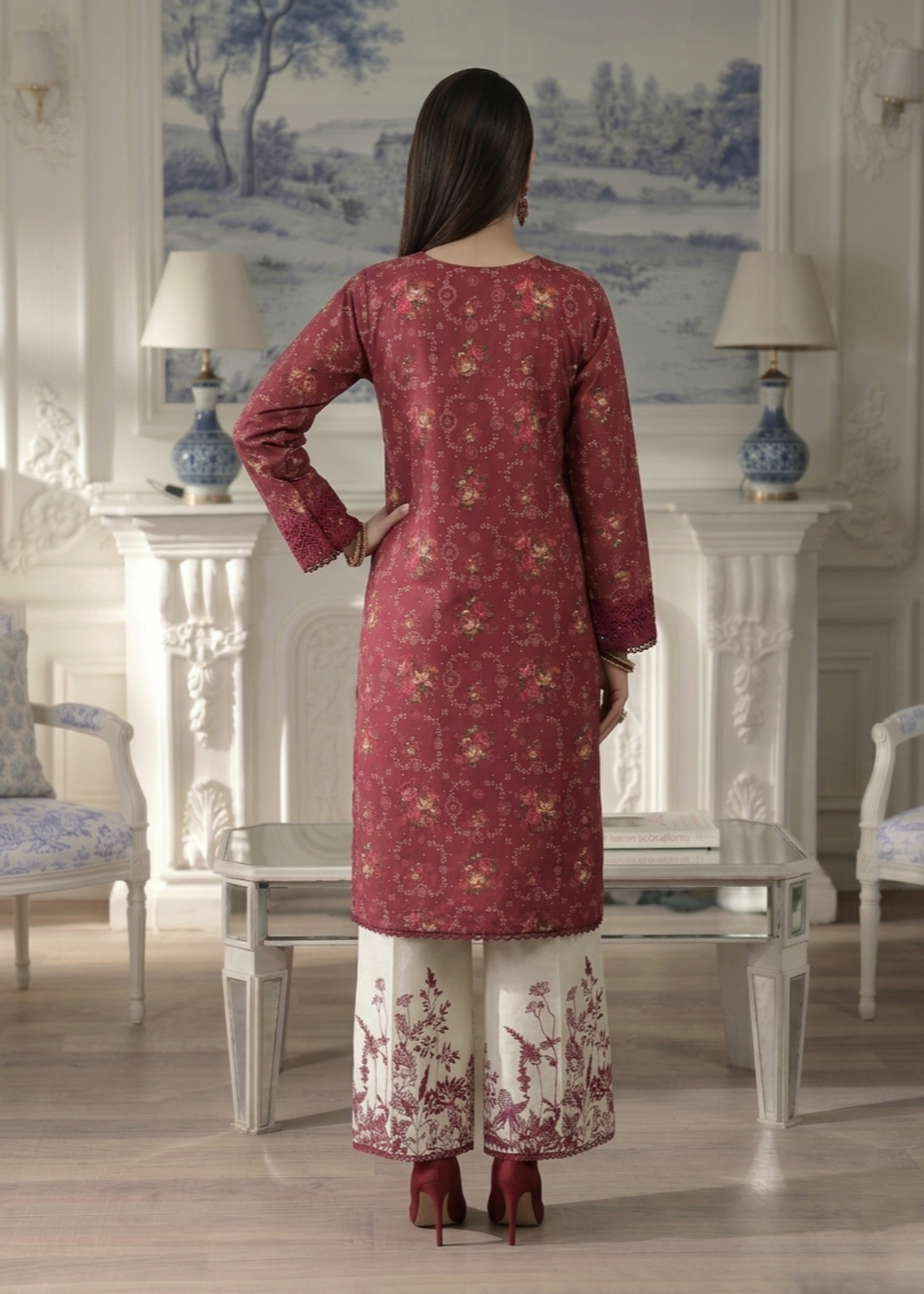Maroon Embroidered Lawn Dress Material Online in KSA Riyadh Saudi Arabia Oman Bahrain Qatar