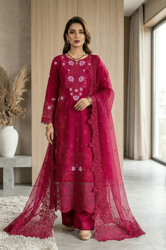 Maroon Embroidered Lawn Festive Suit Online in Dubai UAE Abudhabi Ajman Sharjah