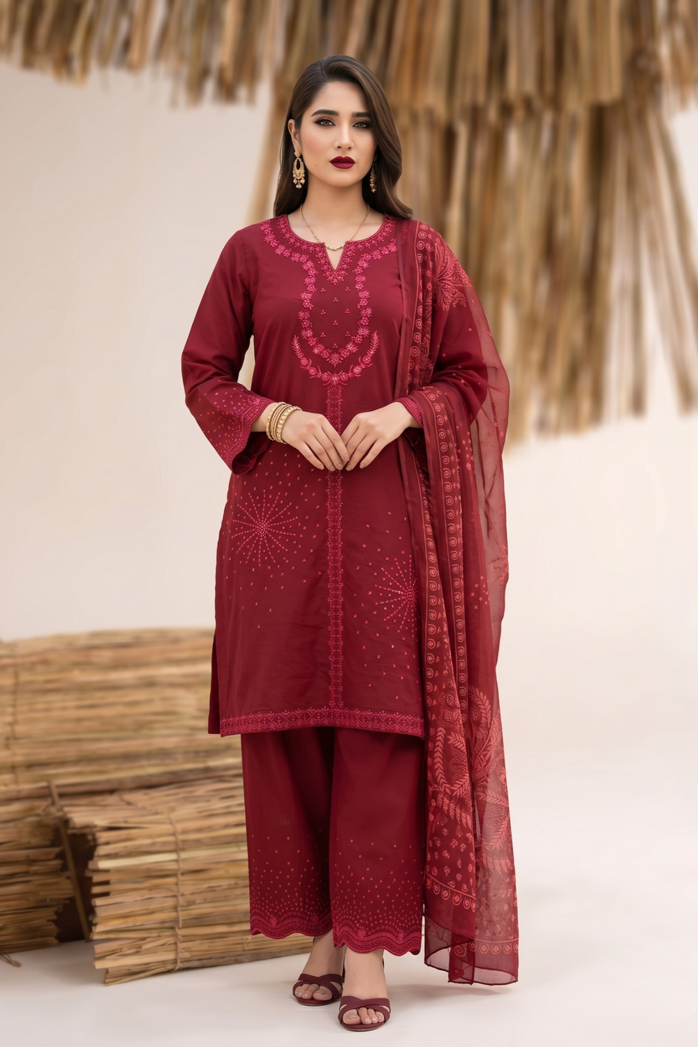 Maroon Embroidered Lawn Festive Suit Online in Dubai UAE Abudhabi Ajman Sharjah