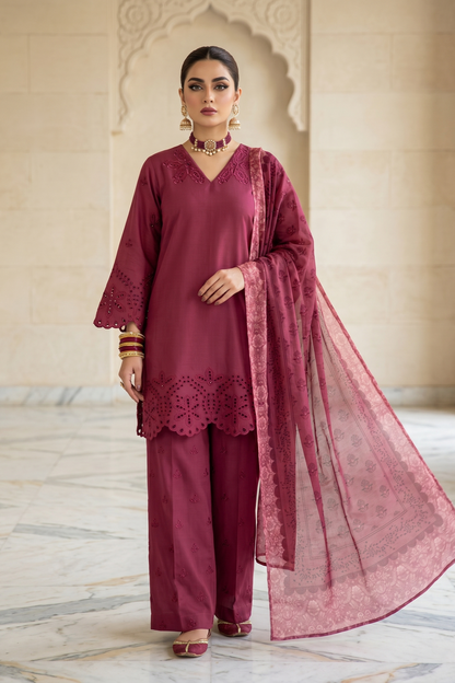 Maroon Embroidered Lawn Festive Suit Online in Dubai UAE Abudhabi Ajman Sharjah