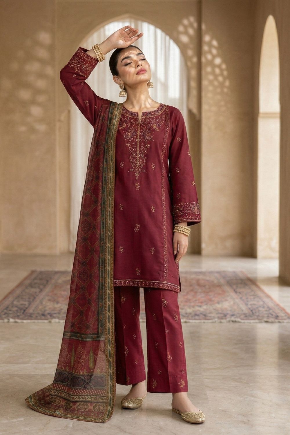 Maroon Embroidered Lawn Festive Suit Online in Dubai UAE Abudhabi Ajman Sharjah
