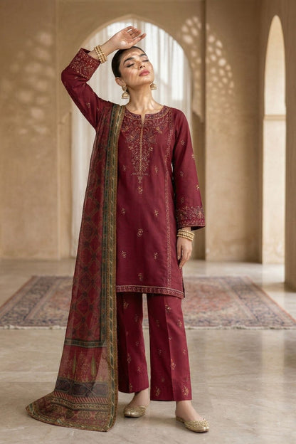 Maroon Embroidered Lawn Festive Suit Online in Dubai UAE Abudhabi Ajman Sharjah