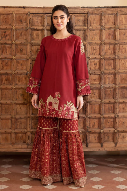 Maroon Embroidered Lawn Gharara Suit Online in Dubai UAE Abudhabi Ajman Sharjah