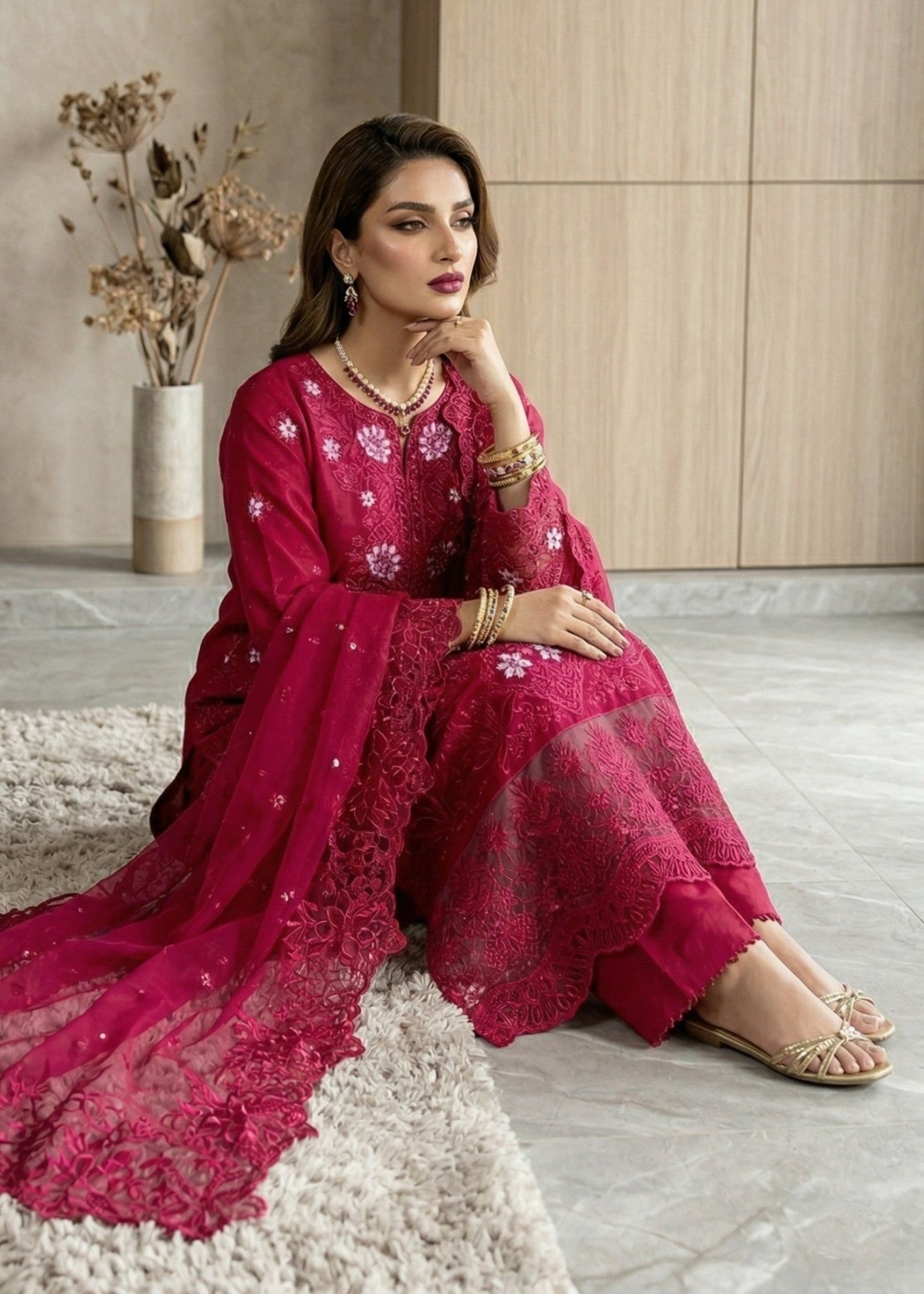 Maroon Embroidered Lawn Pakistani Suit Online in Dubai UAE Abudhabi Ajman Sharjah