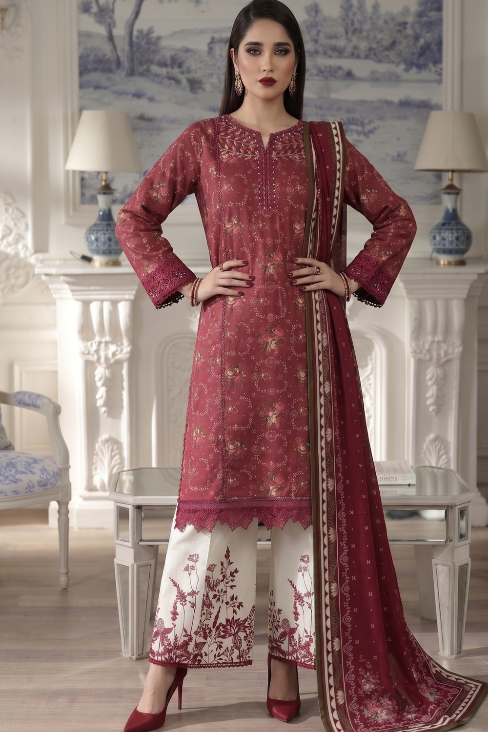 Maroon Embroidered Lawn Salwar Kameez Online in Dubai UAE Abudhabi Ajman Sharjah