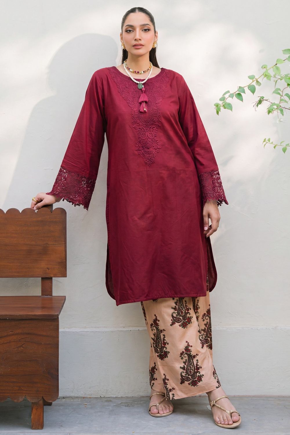 Maroon Embroidered Lawn Straight Cut Kurta Set Online in Dubai UAE Abudhabi Ajman Sharjah