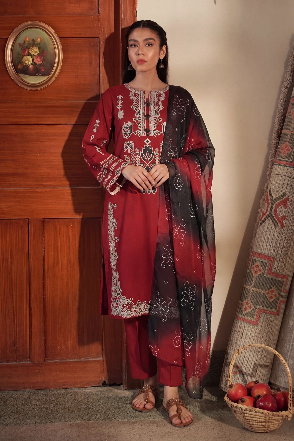 Maroon Embroidered Lawn Straight Kurta Suit Online in Dubai UAE Abudhabi Ajman Sharjah