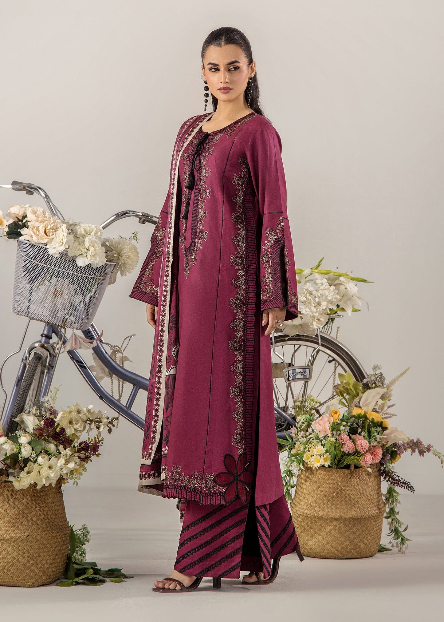 Maroon Embroidered Lawn Straight Trouser Suit Online in Sri Lanka India Australia