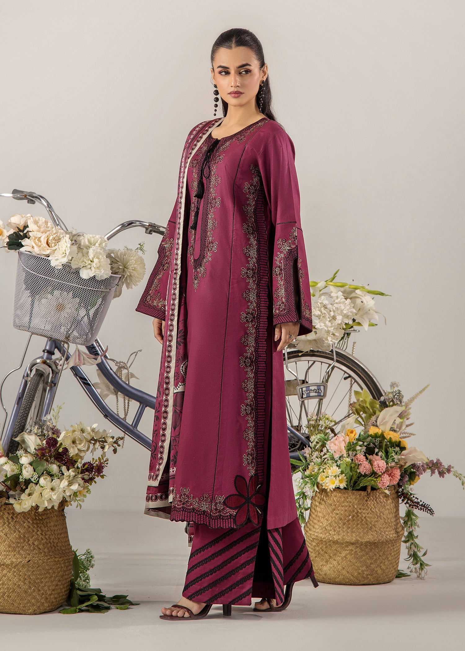 Maroon Embroidered Lawn Straight Trouser Suit Online in Sri Lanka India Australia