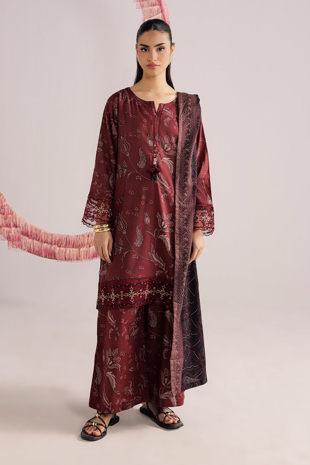 Maroon Embroidered Lawn Suit Online in Dubai UAE Abudhabi Ajman Sharjah