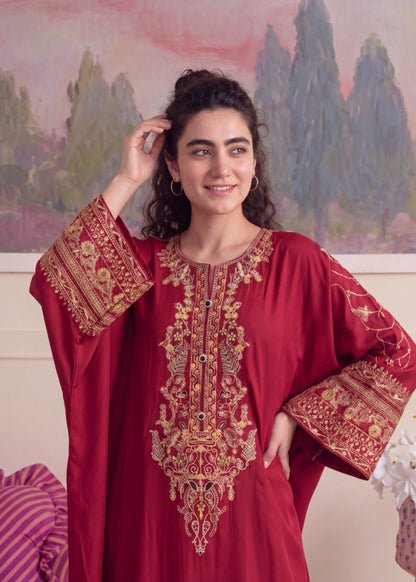 Maroon Embroidered Linen Kaftan Online in Dubai DXB UAE Abudhabi Meena Bazaar
