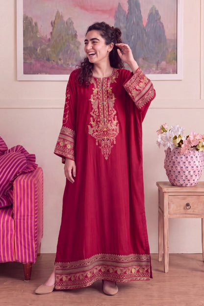 Maroon Embroidered Linen Kaftan Online in Dubai UAE Abudhabi Ajman Sharjah