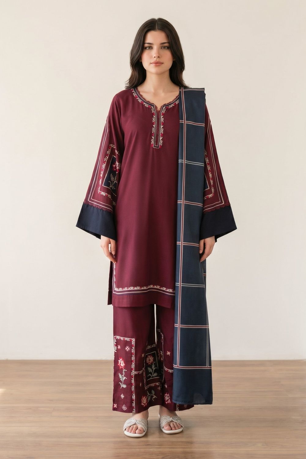 Maroon Embroidered Linen Straight Trouser Suit Online in Dubai UAE Abudhabi Ajman Sharjah