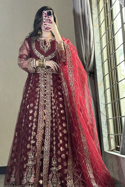 Maroon Embroidered Net Festive Partywear Suit Online in Dubai UAE Abudhabi Ajman Sharjah