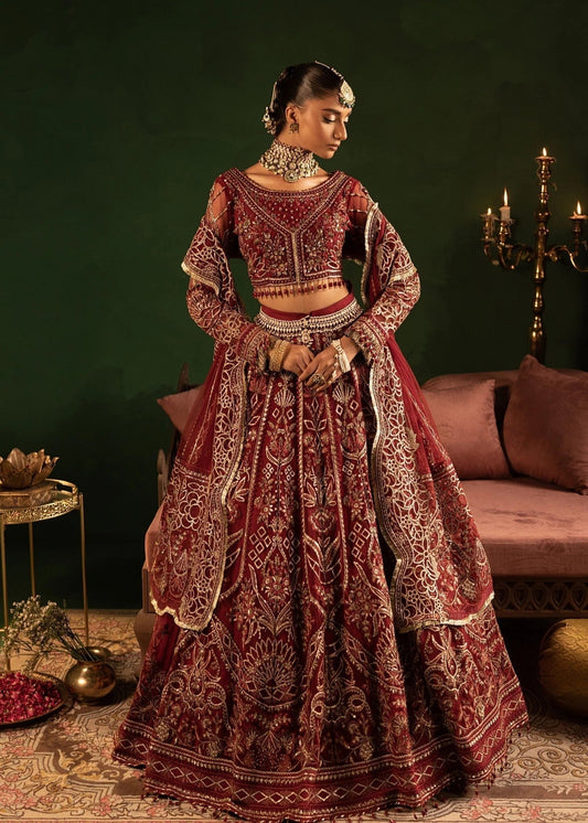 Maroon Embroidered Net Wedding Wear Lehenga Online in Dubai DXB UAE Abudhabi Meena Bazaar