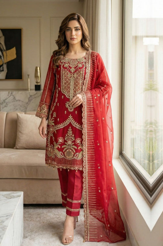 Maroon Embroidered Organza Festive Suit Online in Dubai UAE Abudhabi Ajman Sharjah