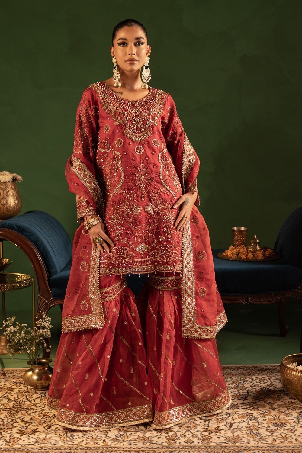 Maroon Embroidered Organza Gharara Suit Online in Dubai UAE Abudhabi Ajman Sharjah