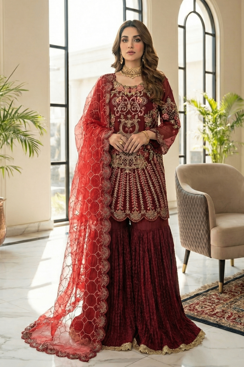 Maroon Embroidered Organza Gharara Suit Online in Dubai UAE Abudhabi Ajman Sharjah