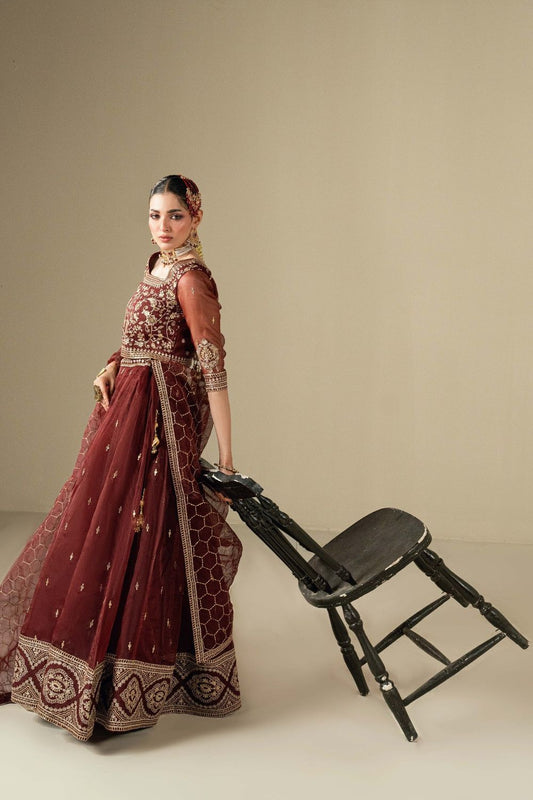 Maroon Embroidered Organza Lehenga Choli Online in Dubai UAE Abudhabi Ajman Sharjah