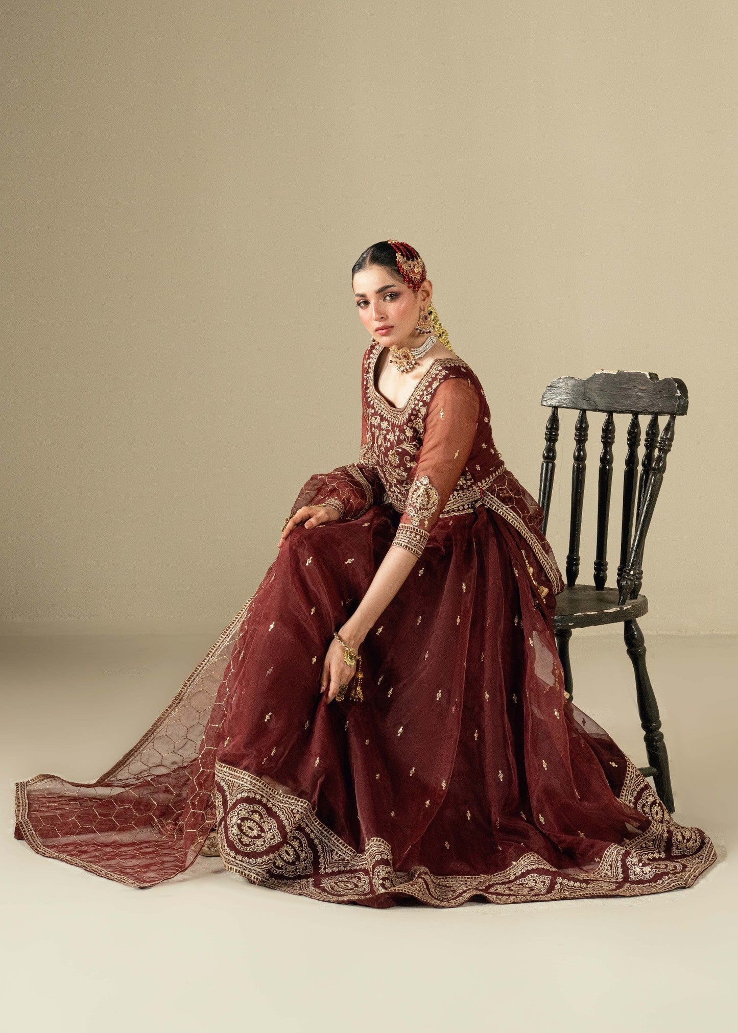 Maroon Embroidered Organza Lehenga Choli Set Online in Dubai DXB UAE Abudhabi Meena Bazaar
