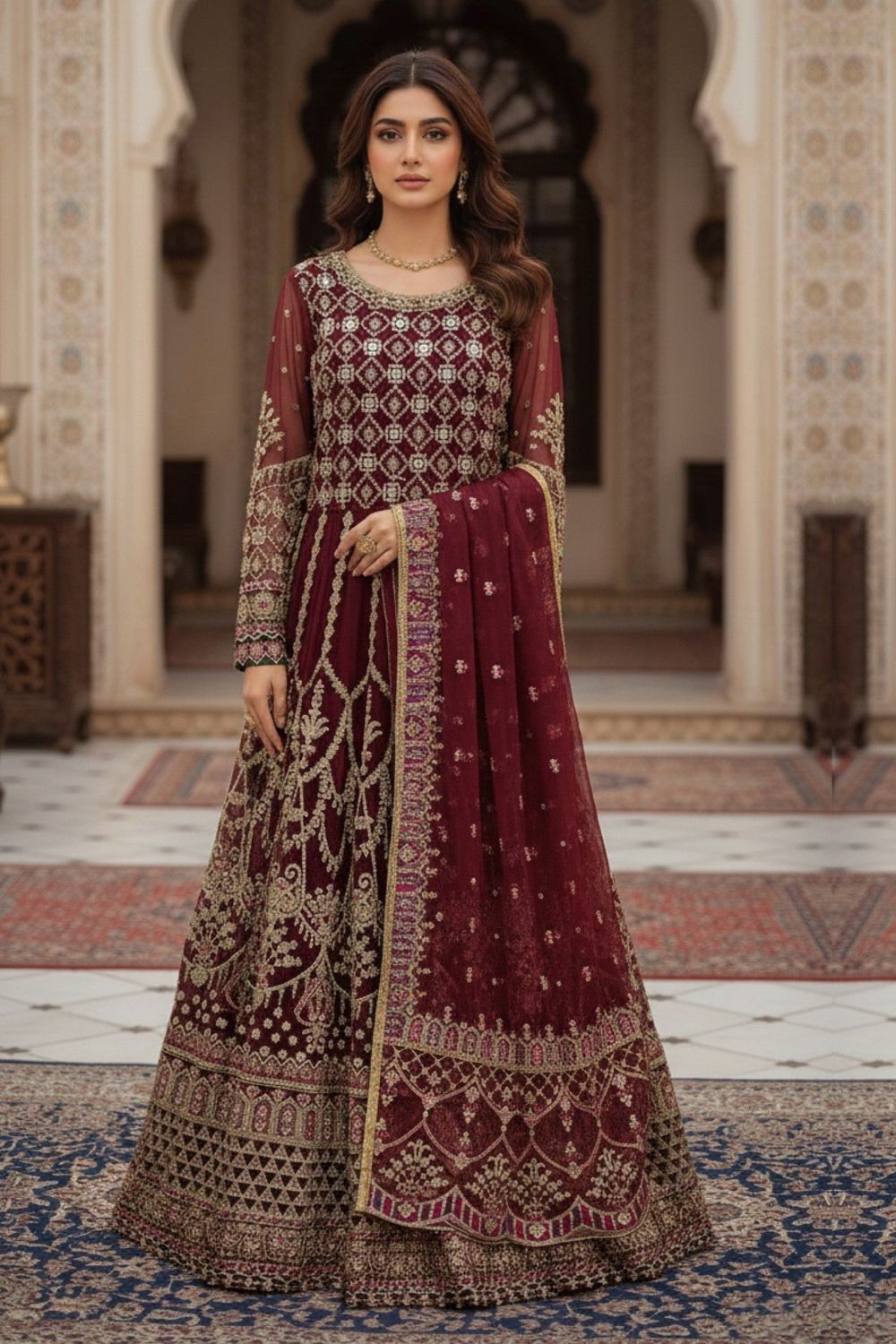 Maroon Embroidered Organza Partywear Suit Online in Dubai UAE Abudhabi Ajman Sharjah