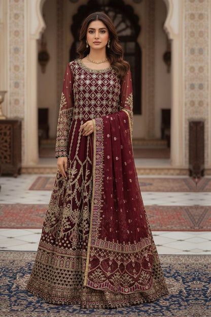 Maroon Embroidered Organza Partywear Suit Online in Dubai UAE Abudhabi Ajman Sharjah