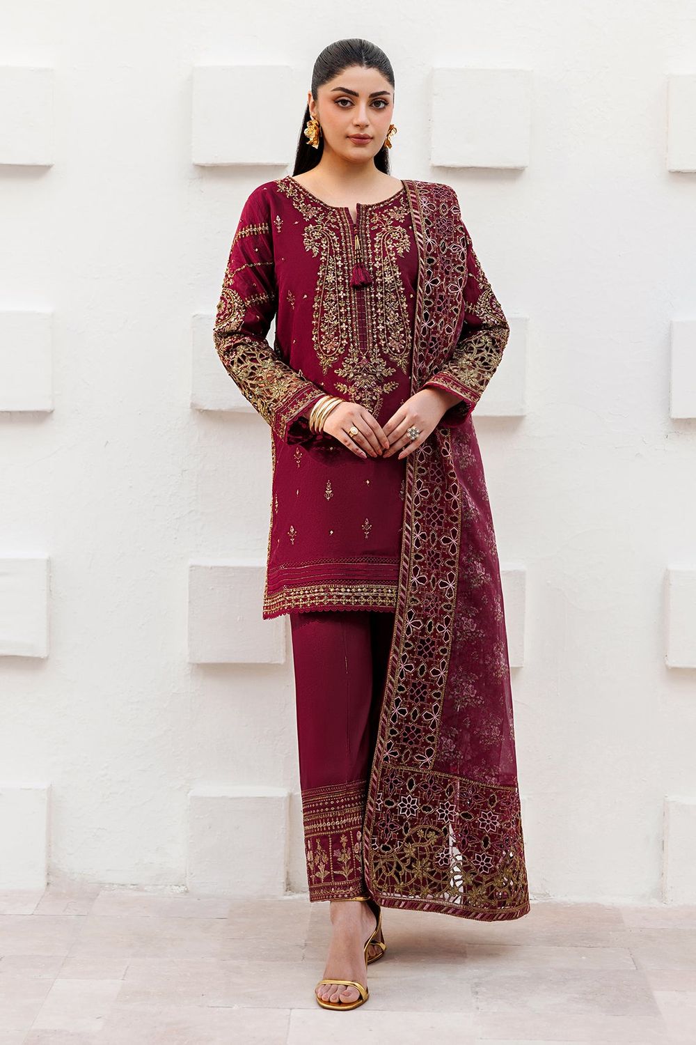 Maroon Embroidered Organza Partywear Suit Online in Dubai UAE Abudhabi Ajman Sharjah