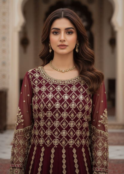 Maroon Embroidered Organza Readymade Suit Online in Dubai DXB UAE Abudhabi Meena Bazaar