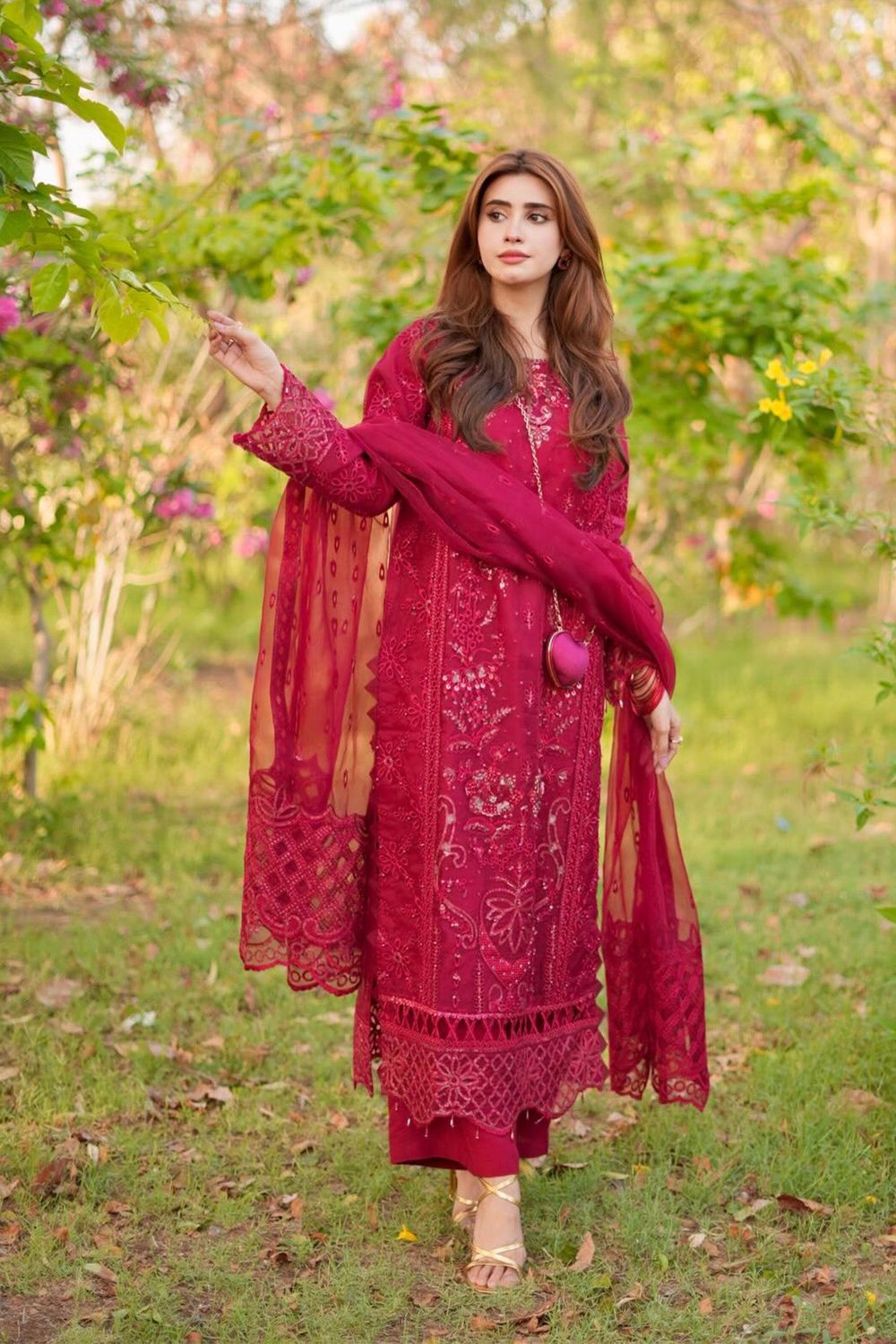 Maroon Embroidered Organza Salwar Kameez Online in Dubai UAE Abudhabi Ajman Sharjah
