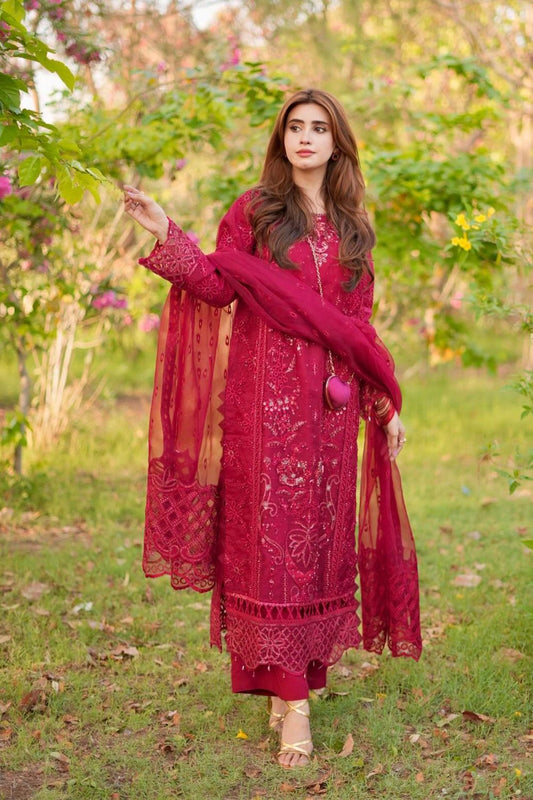 Maroon Embroidered Organza Salwar Kameez Online in Dubai UAE Abudhabi Ajman Sharjah
