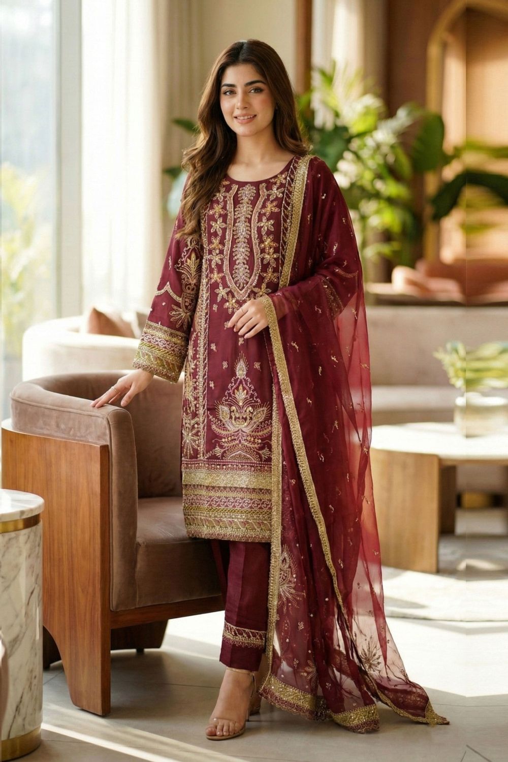 Maroon Embroidered Organza Salwar Kameez Online in Dubai UAE Abudhabi Ajman Sharjah