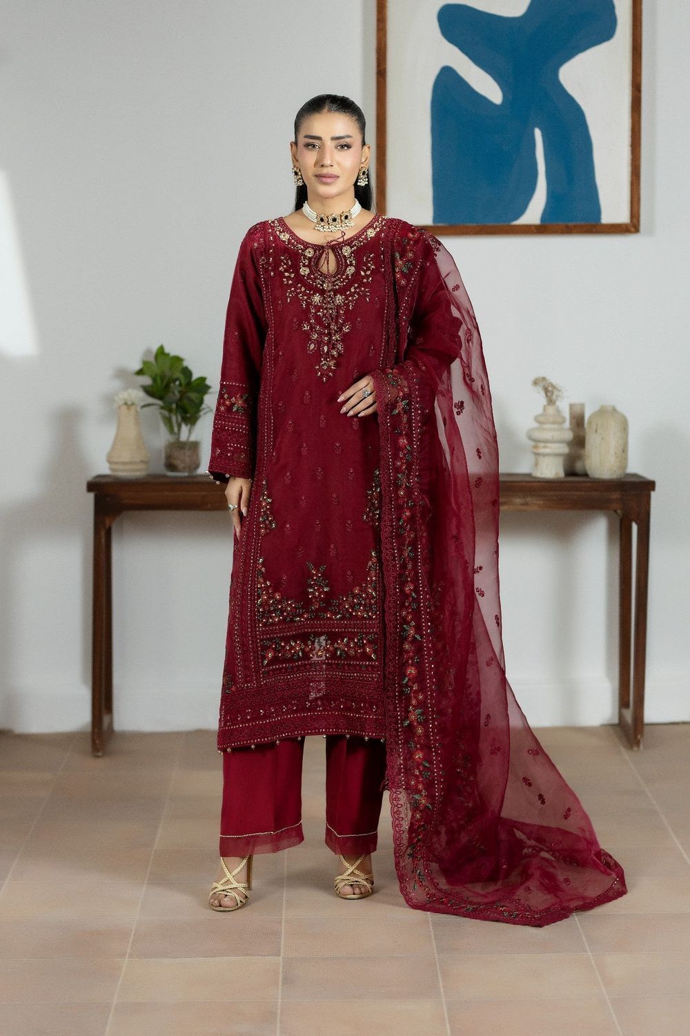 Maroon Embroidered Organza Salwar Suit Online in Dubai UAE Abudhabi Ajman Sharjah