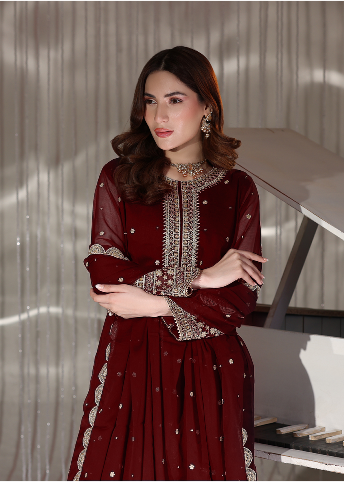 Maroon Embroidered PK Chiffon Lehenga Suit Online in Dubai DXB UAE Abudhabi Meena Bazaar